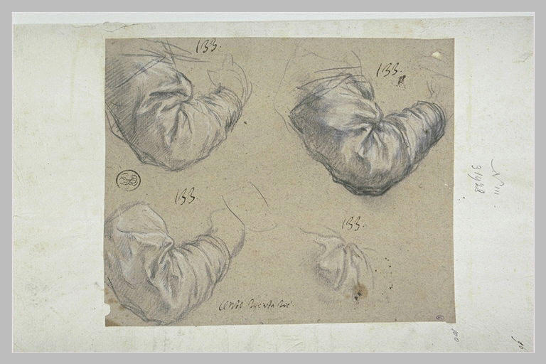 Quatre études de draperie sur un bras droit_0
