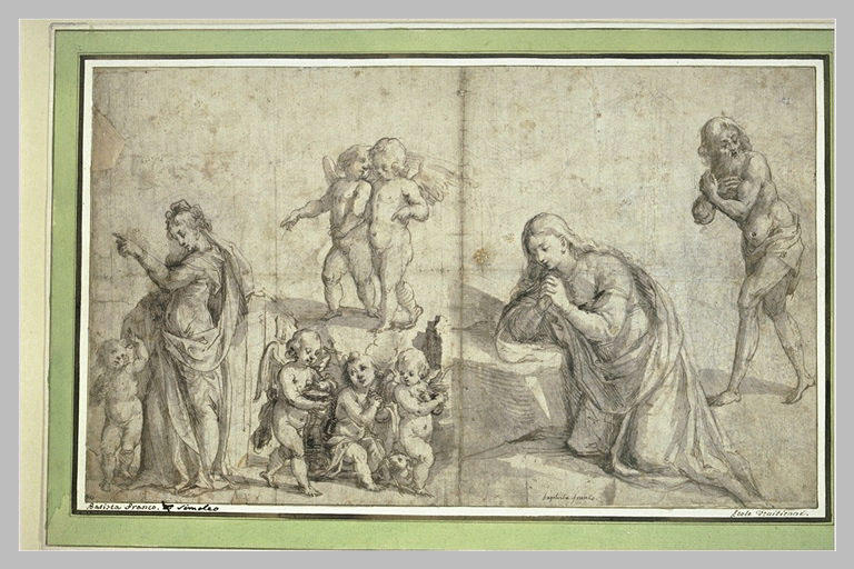 Etudes : femme et enfant, angelots, sainte Madeleine (? ) et un homme barbu_0
