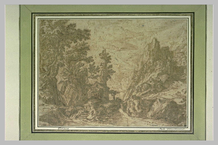 Vue de montagne, avec un bourg, une passerelle menant au bois_0