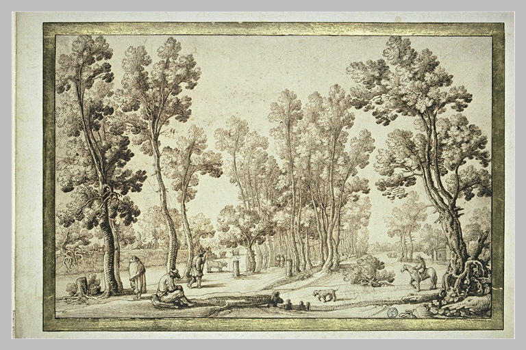 Paysage boisé animé de personnages avec, au centre, une allée d'arbres_0