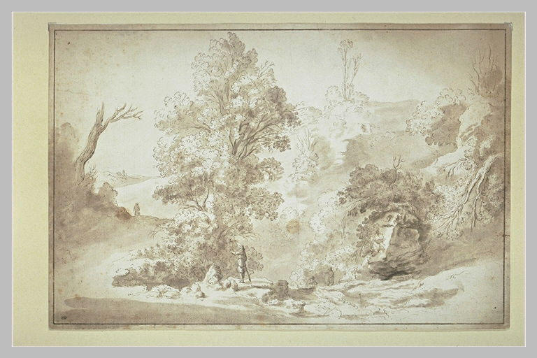 Paysage avec un homme auprès d'un arbre élevé et touffu_0
