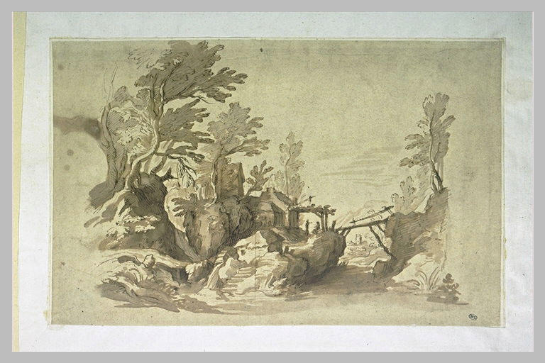 Cours d'eau bordé de rives rocheuses, reliées par une passerelle_0