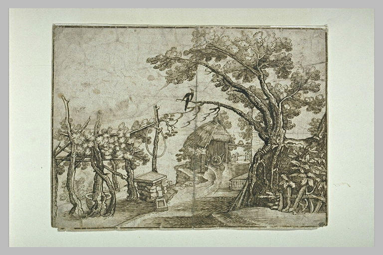 Paysage avec une chaumière et un oiseau perché sur un arbre_0