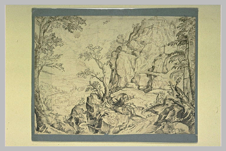 Paysage : escarpement rocheux avec un calvaire au bord d'une vallée_0