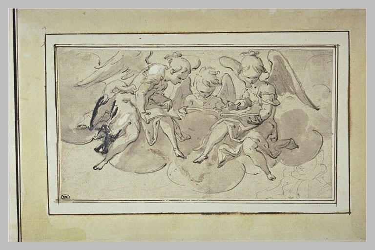 Etude de trois anges assis sur des nuages et lisant_0