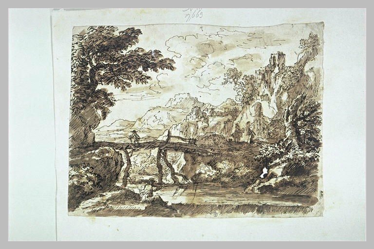 Paysage avec, un homme passant sur un pont formé d'un arbre_0