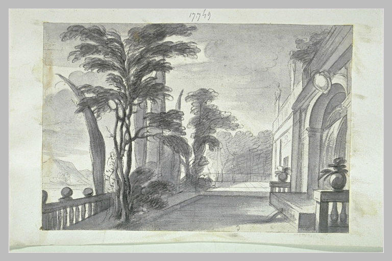 Terasse d'une maison, entourée de cyprès et d'autres arbres_0