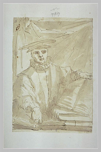 Un homme tenant un livre ouvert et en designant un autre, de la main gauche_0
