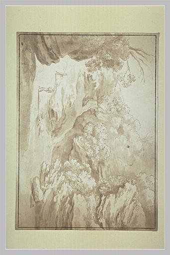 Chemin et cascade, sur le flanc d'une colline boisée, et deux figures_0