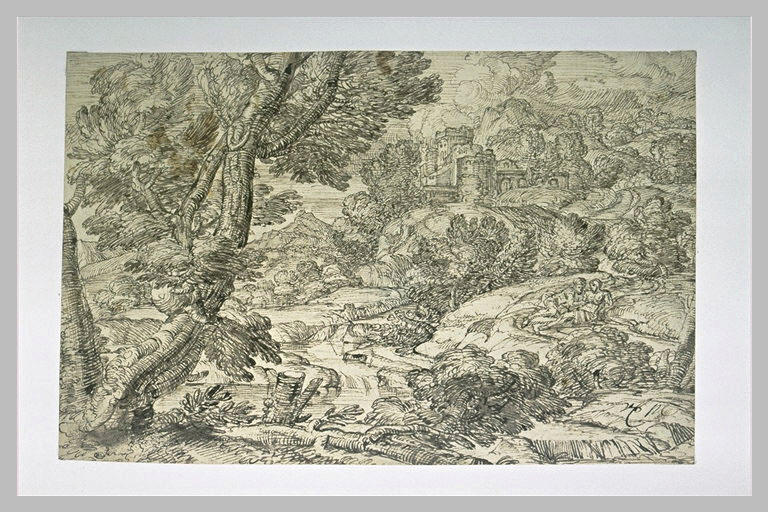 Paysage montueux avec torrent et château fort et deux personnes allongées_0