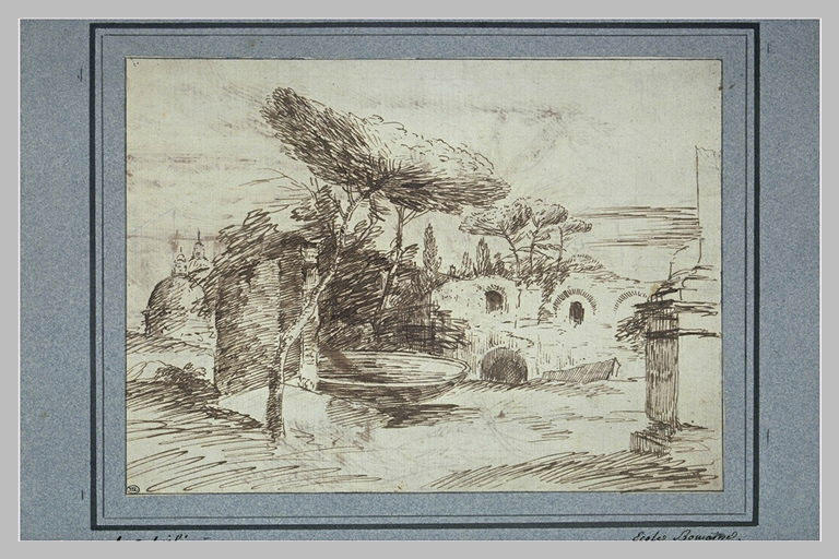 Ruines avec une grande vasque de pierre, et des pins parasols_0
