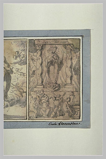 La Vierge tenant l'Enfant Jésus, sur un autel et des anges musiciens_0