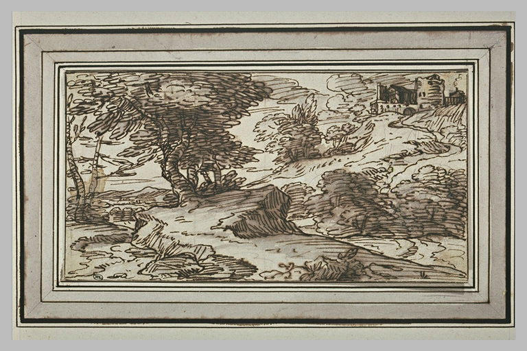 Paysage avec un château à demi-ruiné sur une colline_0