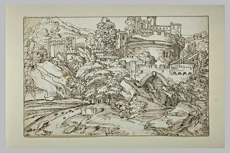 Bourgade fortifiée, avec un large donjon circulaire, dans un paysage rocheux_0