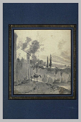 Paysage d'Italie avec un homme, une femme et un âne devant une maison_0