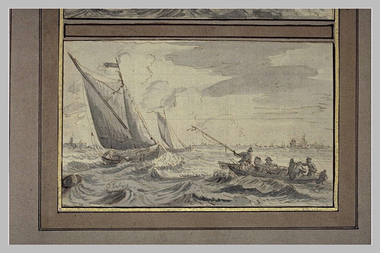 Marine : hommes dans un canot et deux barques aux voiles déployées_0