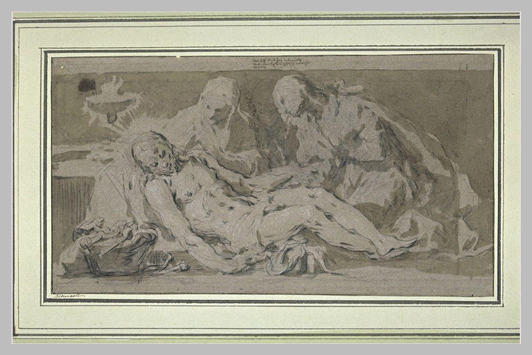 La Vierge, saint Jean et sainte Madeleine auprès du Christ, étendu à terre_0