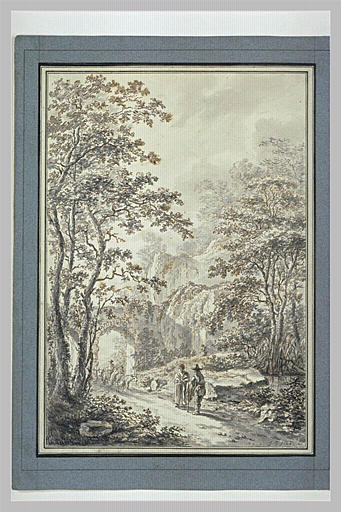 Paysage avec un viaduc de pierre, sous lequel passe un troupeau_0