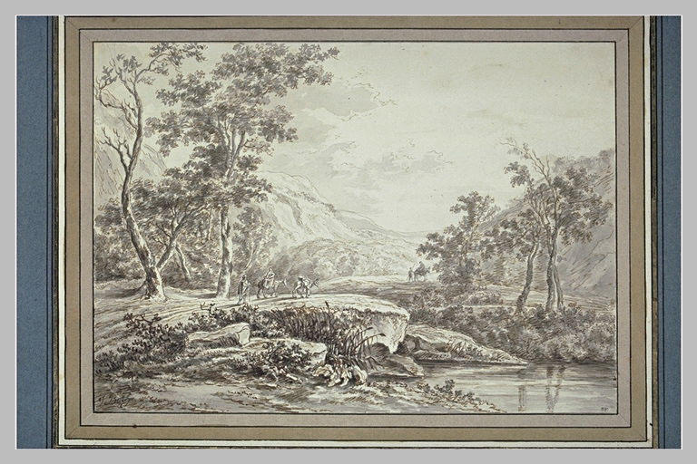Paysage avec un étang, près d'une route animée de figures et d'ânes_0