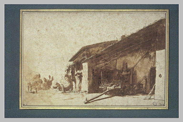 Une ferme avec un hangar, abritant une charrette et un pressoir_0