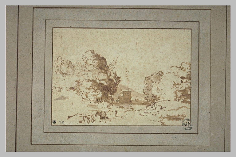 Paysage avec une route entre des arbres et une maison au loin_0