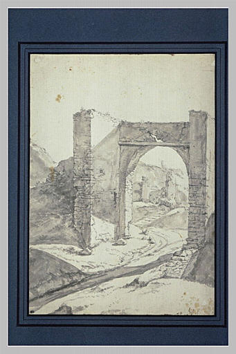 Vue d'une porte en ruines, cintrée en ogive, donnant passage à un sentier_0