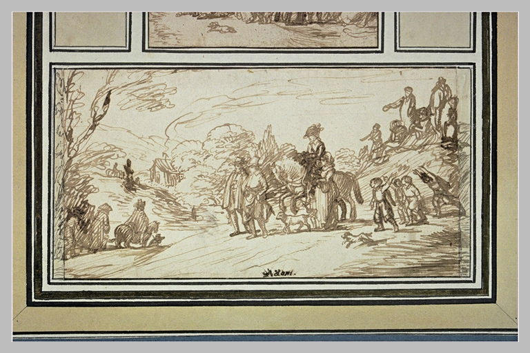 Paysage avec figures dont un cavalier, une femme portant un enfant_0