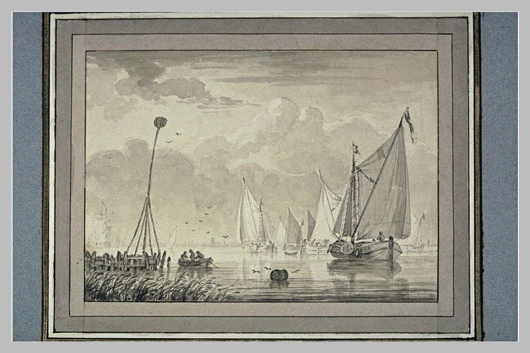 Large fleuve avec des barques et un navire_0