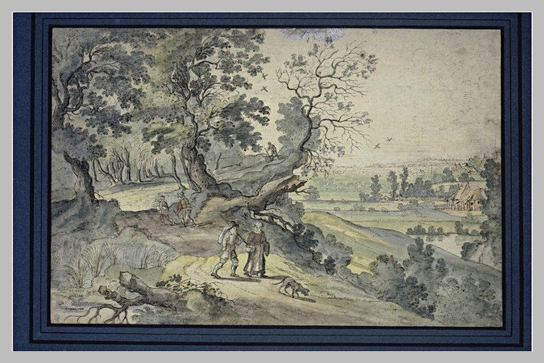 Personnages sur un chemin descendant vers une plaine verdoyante_0
