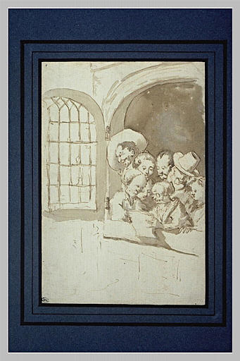 Sept figures dans l'embrasure d'une fenêtre, dont une vieille femme lisant_0