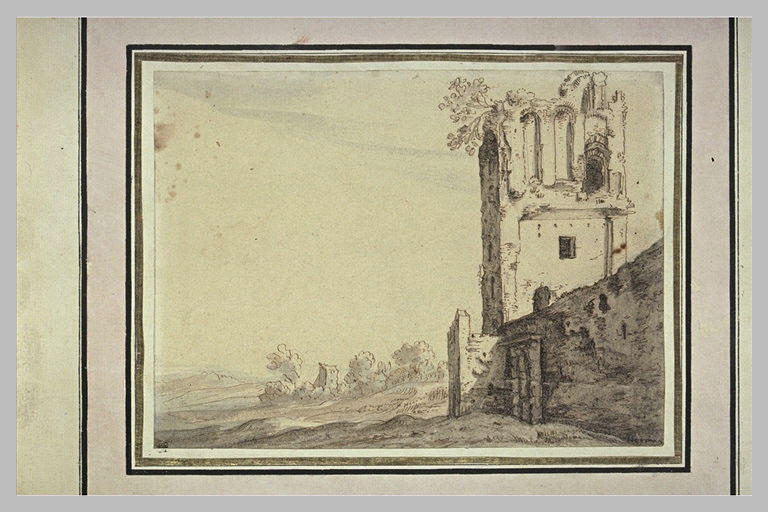 Paysage avec tour carrée en ruine_0