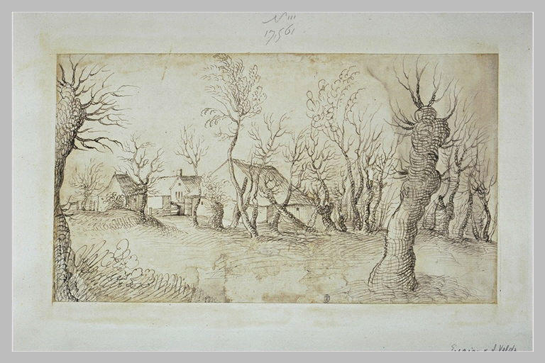 Bâtiments d'une ferme, entourés de saules sans feuilles_0