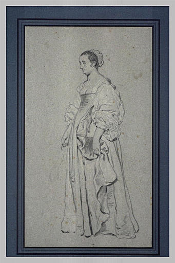 Etude pour un portrait de dame, en pied, de profil, tenant un éventail_0