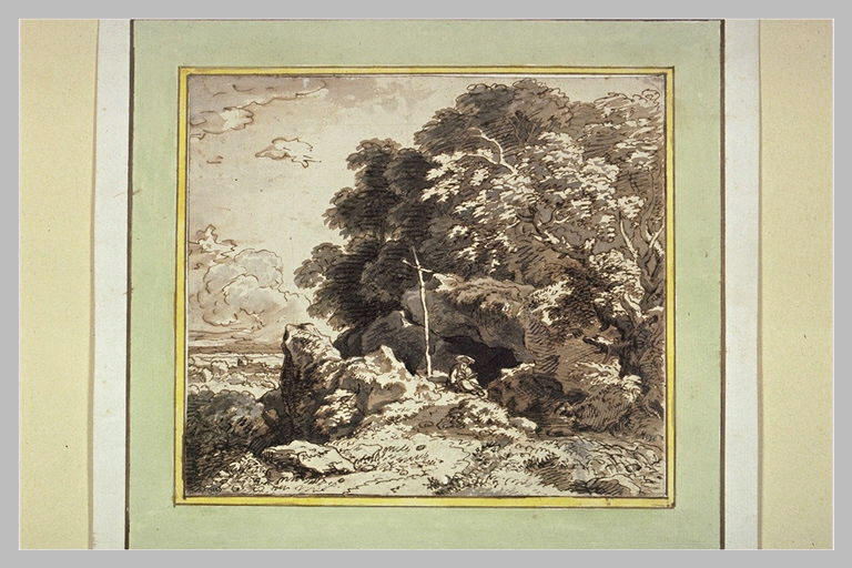 Paysage avec une figure assise devant une caverne et une croix, lisant_0