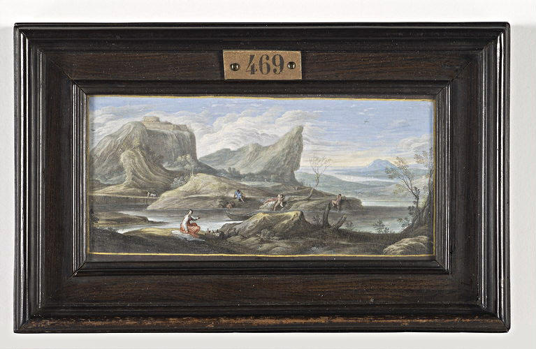 Baigneurs au bord d'une rivière coulant entre des rochers_0