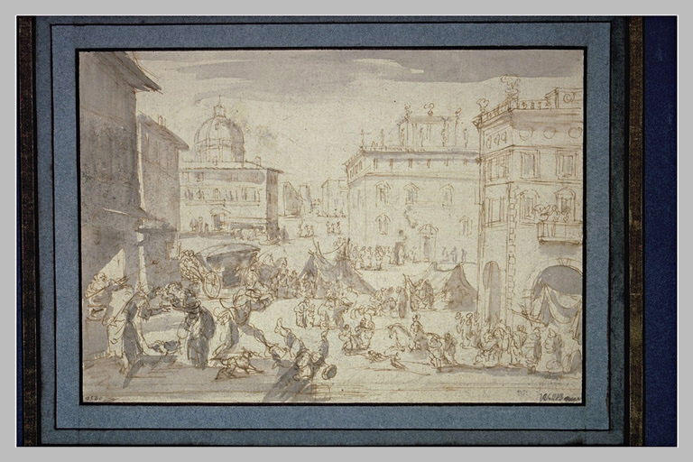 Vue d'une place publique garnie de promeneurs et de voitures_0