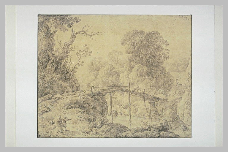Paysage, bois et ruisseau, avec une passerelle, et des personnages_0