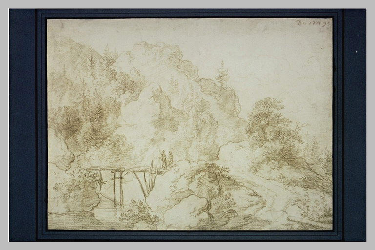 Paysage de montagne, avec ruisseau et passerelle et deux personnages_0