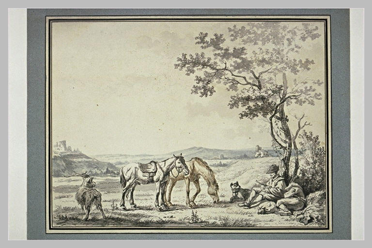 Paysage avec deux personnes endormis, deux chevaux, deux chiens_0