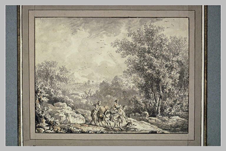 Paysage montagneux et boisé, avec deux hommes, une femme et deux mulets_0