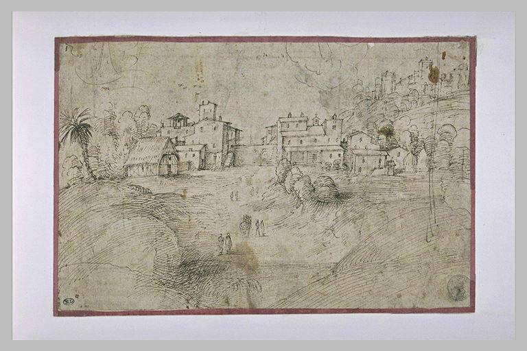 Maisons dans un paysage toscan valonné, dominées par un château fort_0