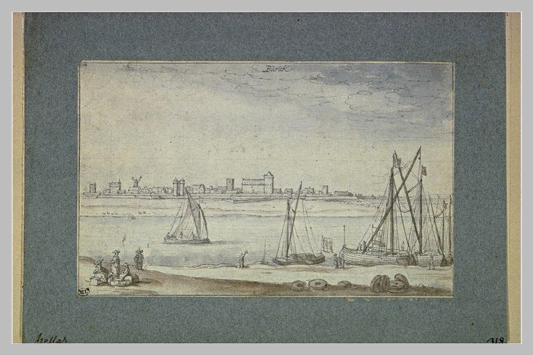 Bateaux et figures sur la berge, le Rhin et la ville de Bürick_0