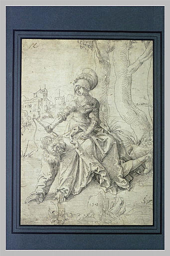 Phyllis assise sur le dos d'Aristote qui marche à quatre pattes_0