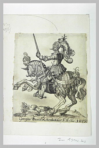 Chevalier en armure, visière levée, sur un cheval qui se cabre_0