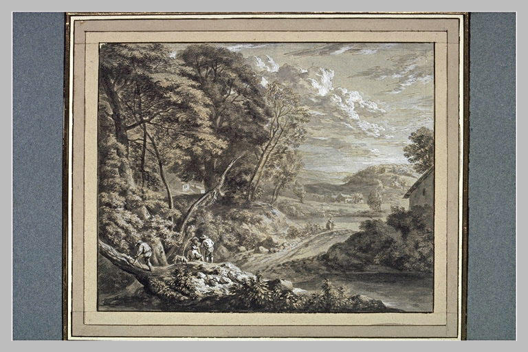 Paysage avec quatre hommes et un chien, des maisons, un lac et deux figures_0