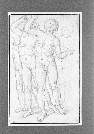 Groupe de trois hommes nus, levant les bras, de face, et un homme, de dos_0