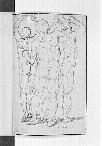Trois hommes nus, de dos, levant les bras_0