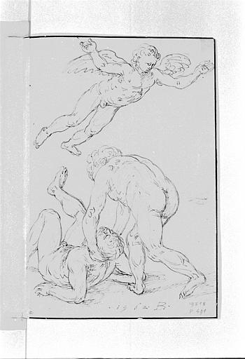 Deux hommes nus de battant, un ange volant au-dessus_0