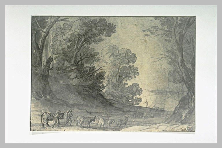 Paysage boisé avec un troupeau passant un gué_0