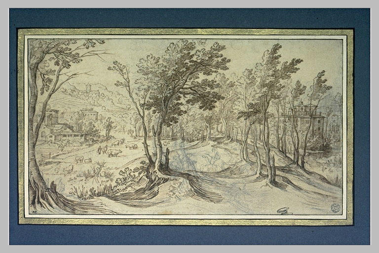 Le Mois de Juillet : paysage, avec des habitations et un troupeau de vaches_0